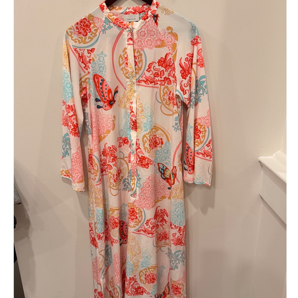 Natori Floral Butterfly Print Maxi Caftan Nightgown Small Pink Blue